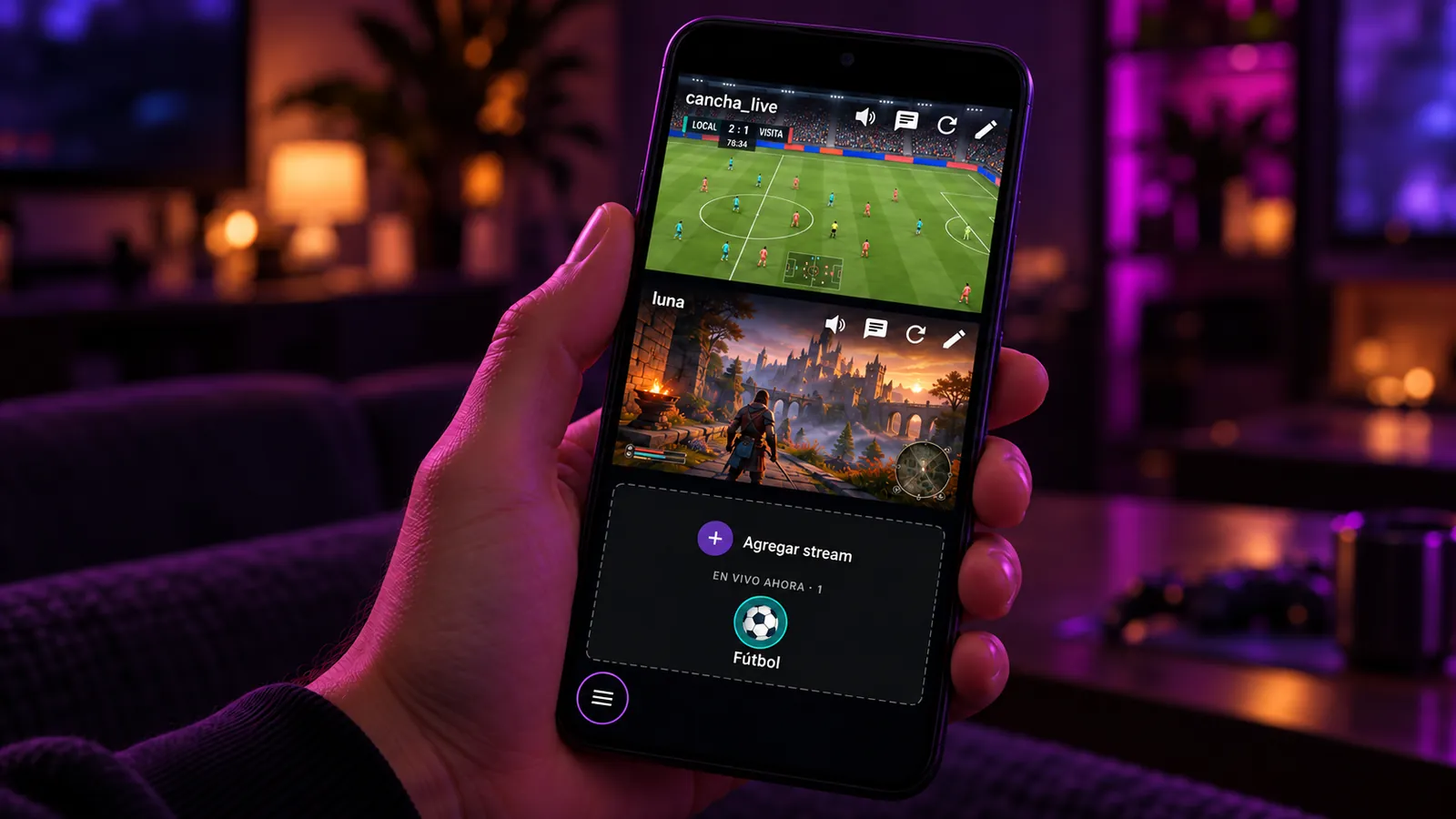 Teléfono vertical con dos streams y una tarjeta Agregar stream con un canal en vivo.
