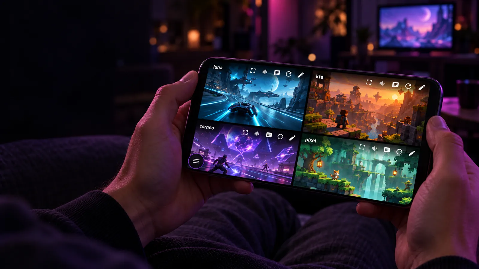 Manos sosteniendo un teléfono horizontal con cuatro streams de juegos en una grilla.