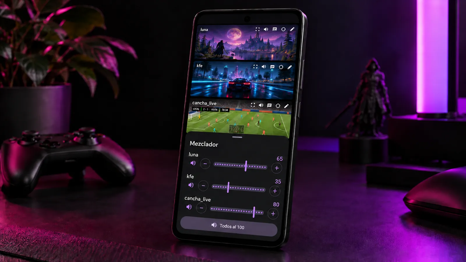 Teléfono con el mezclador de volumen: tres streams con controles de menos, más y sliders lilas.