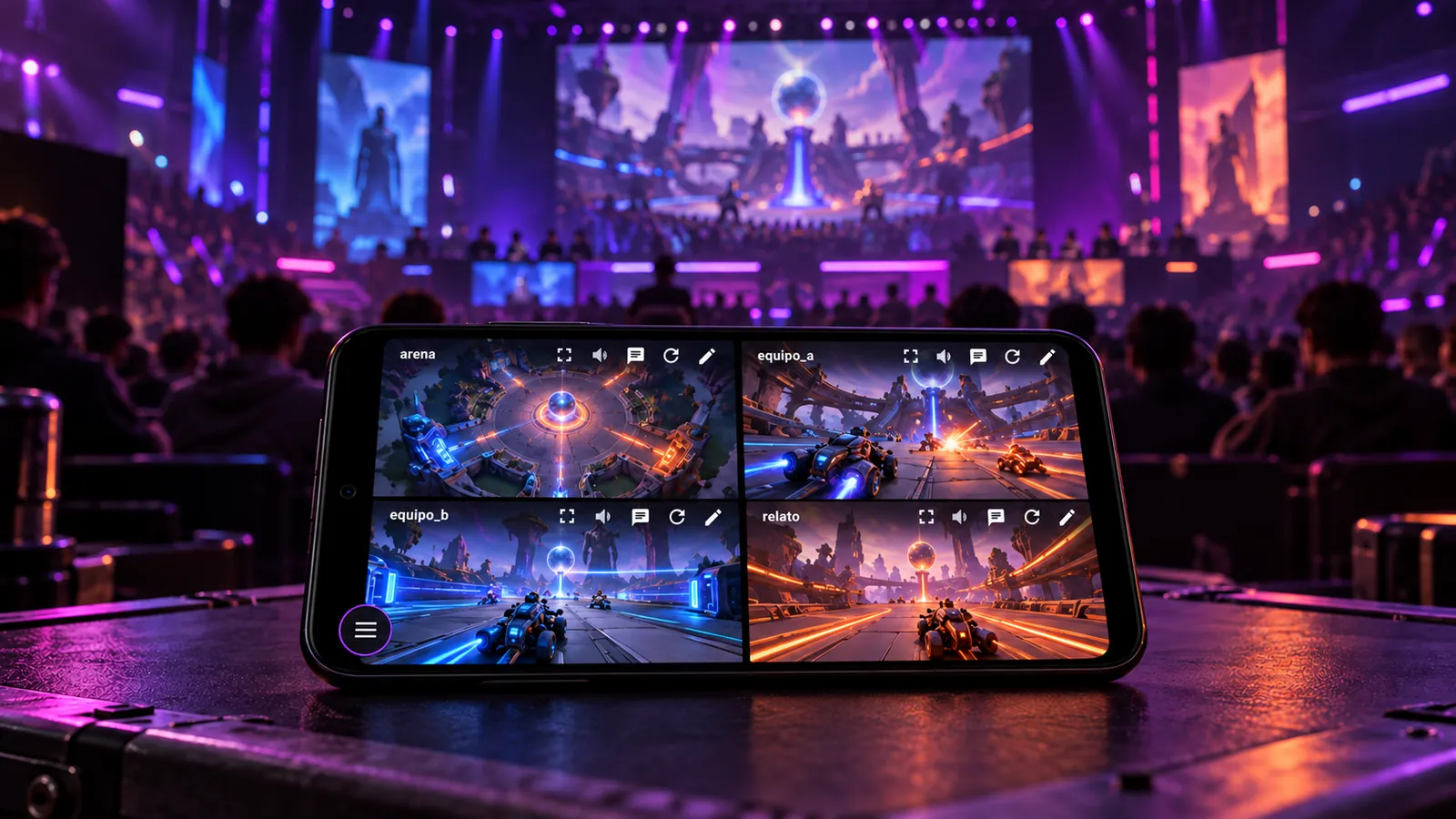 Teléfono horizontal con cuatro vistas de un torneo, frente a un escenario de esports.