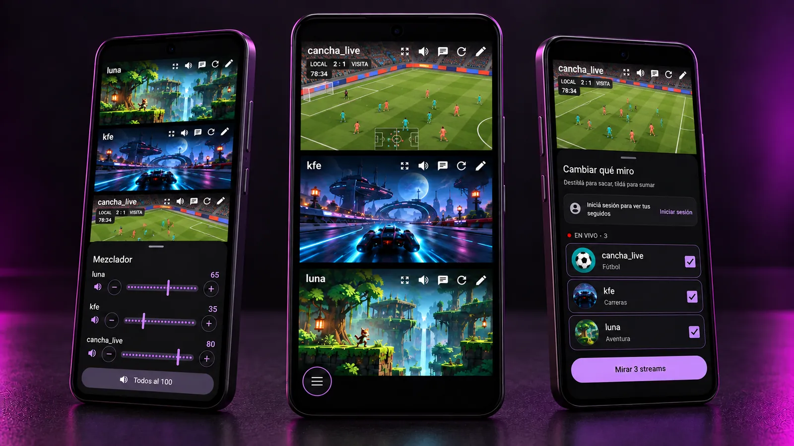 Tres teléfonos: el mezclador, la grilla de streams y la hoja para elegir canales.