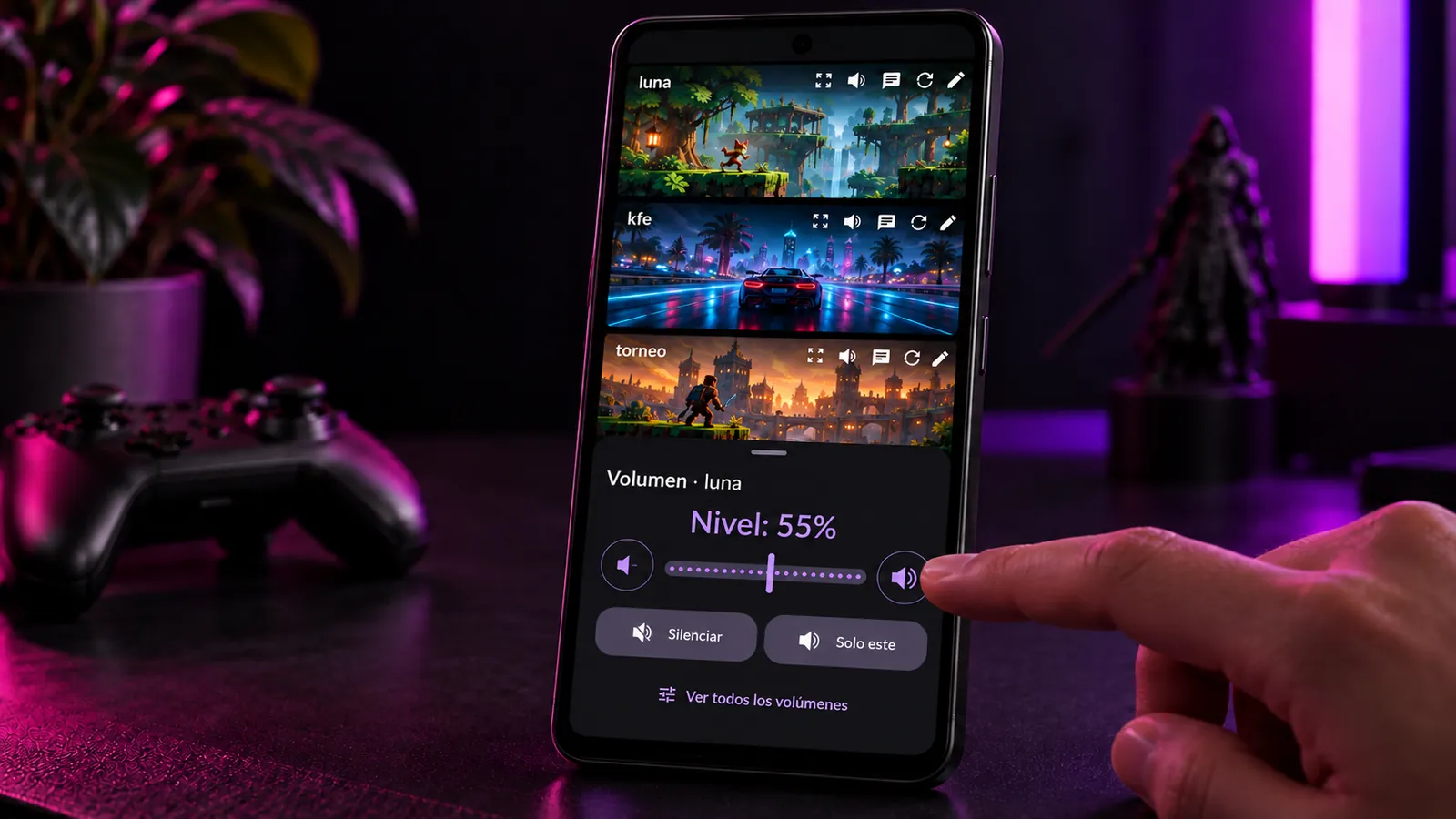 Teléfono con la hoja de volumen de un stream: slider, Silenciar y Solo este.